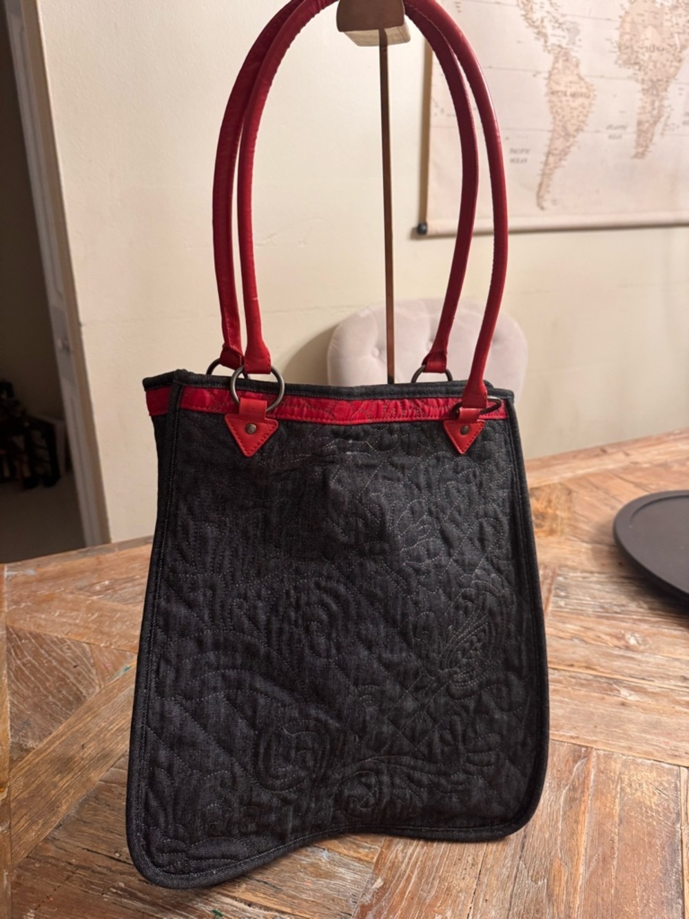 Chico's Denim Tote with Red Handles with Tassel - Picture 4 of 10
